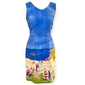 CDC Petites Blue Shift Dress With Beach Scenic Print and White Trim Size 2